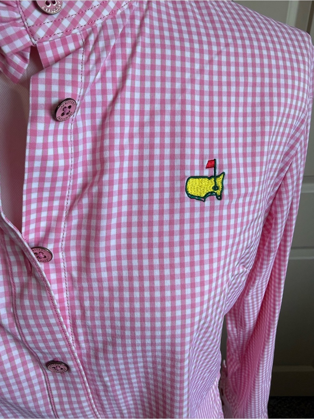 Peter Millar Pink & White Gingham Button-Down with Masters Tournament emblem